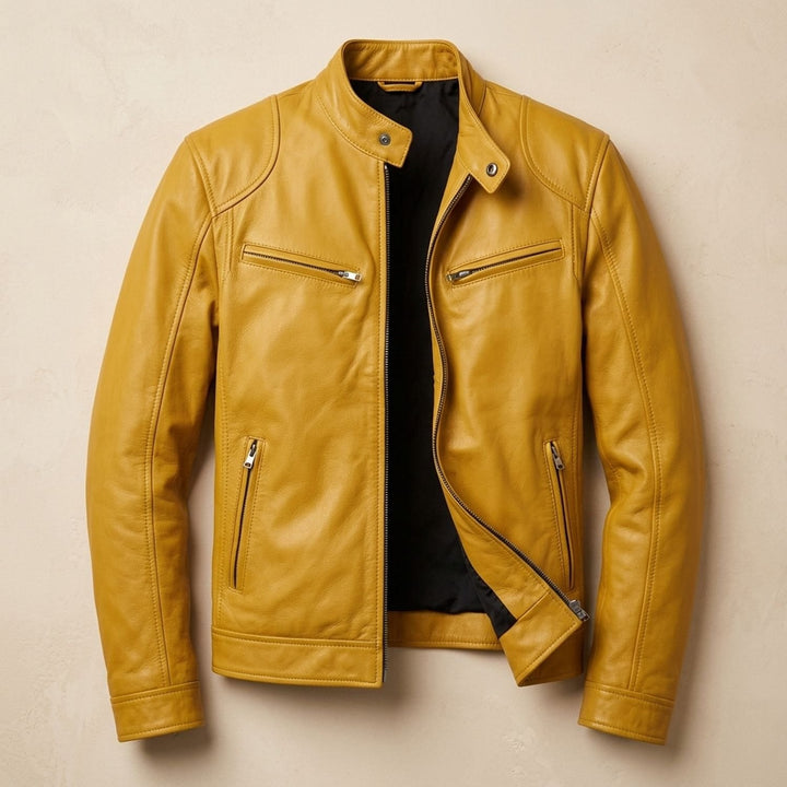 Heren Slim-Fit Biker Jack Staande Kraag Ritssluitingen - Geel