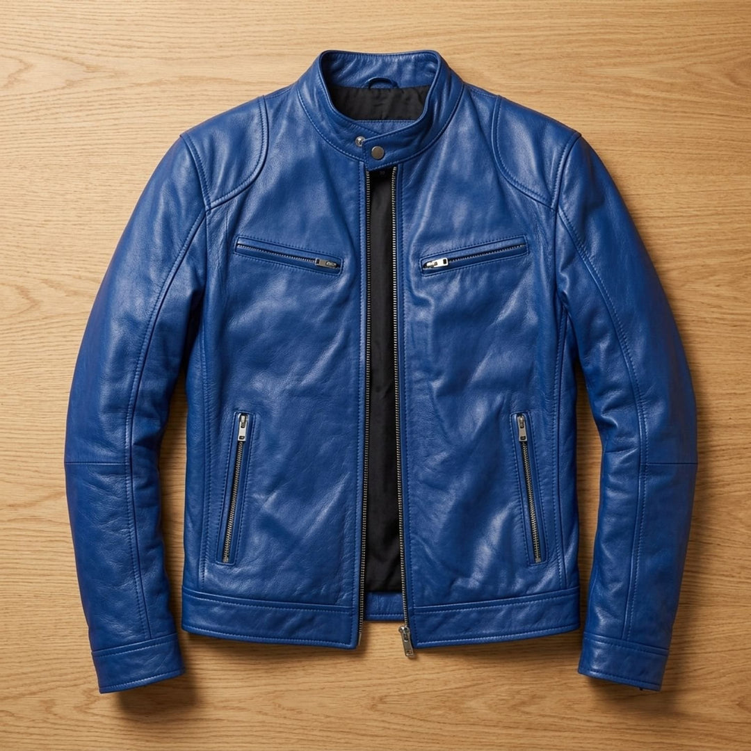 Heren Slim-Fit Biker Jack Staande Kraag Ritssluitingen - Blauw