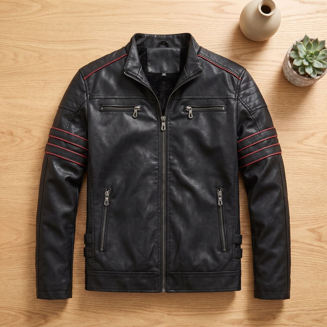 Heren Slim-Fit Biker Jas Staande Kraag Rits Contraststreep - Zwart