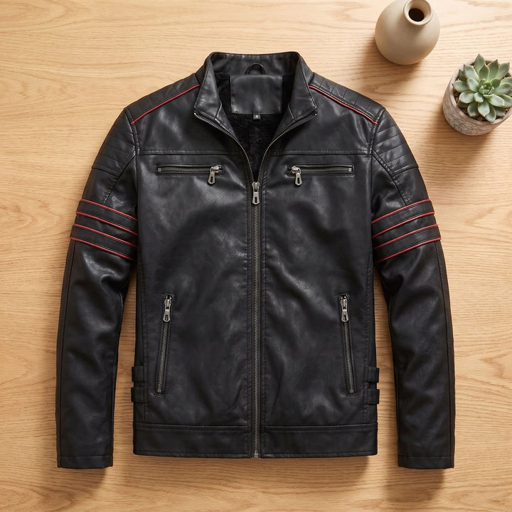 Heren Slim-Fit Biker Jas Staande Kraag Rits Contraststreep - Zwart