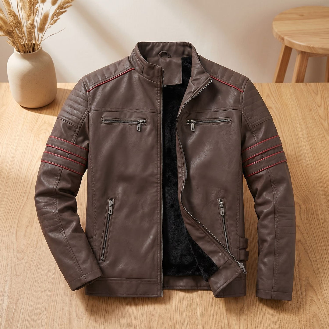 Heren Slim-Fit Biker Jas Staande Kraag Rits Contraststreep - Bruin