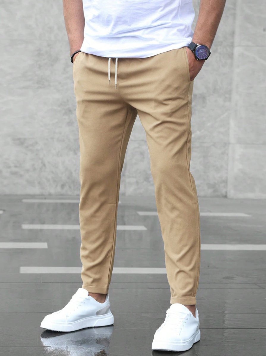 Heren Slim-Fit Chino Broek Elastische Taille - Khaki