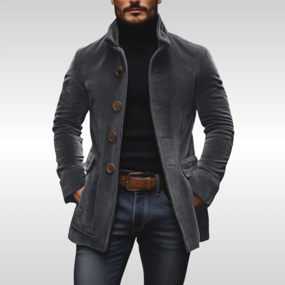 Heren Slim-Fit Corduroy Mens Wool Coat Staande Kraag Knopen - Grijs