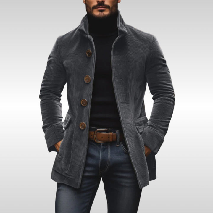 Heren Slim-Fit Corduroy Mens Wool Coat Staande Kraag Knopen - Grijs