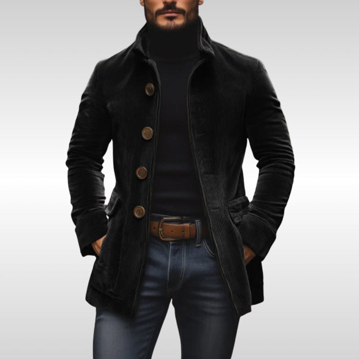 Heren Slim-Fit Corduroy Mens Wool Coat Staande Kraag Knopen - Zwart