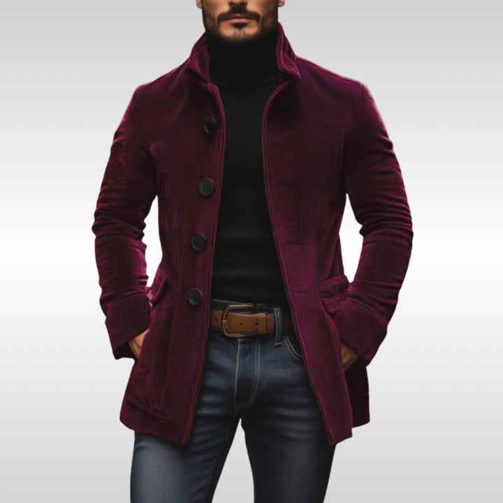 Heren Slim-Fit Corduroy Mens Wool Coat Staande Kraag Knopen - Bordeaux