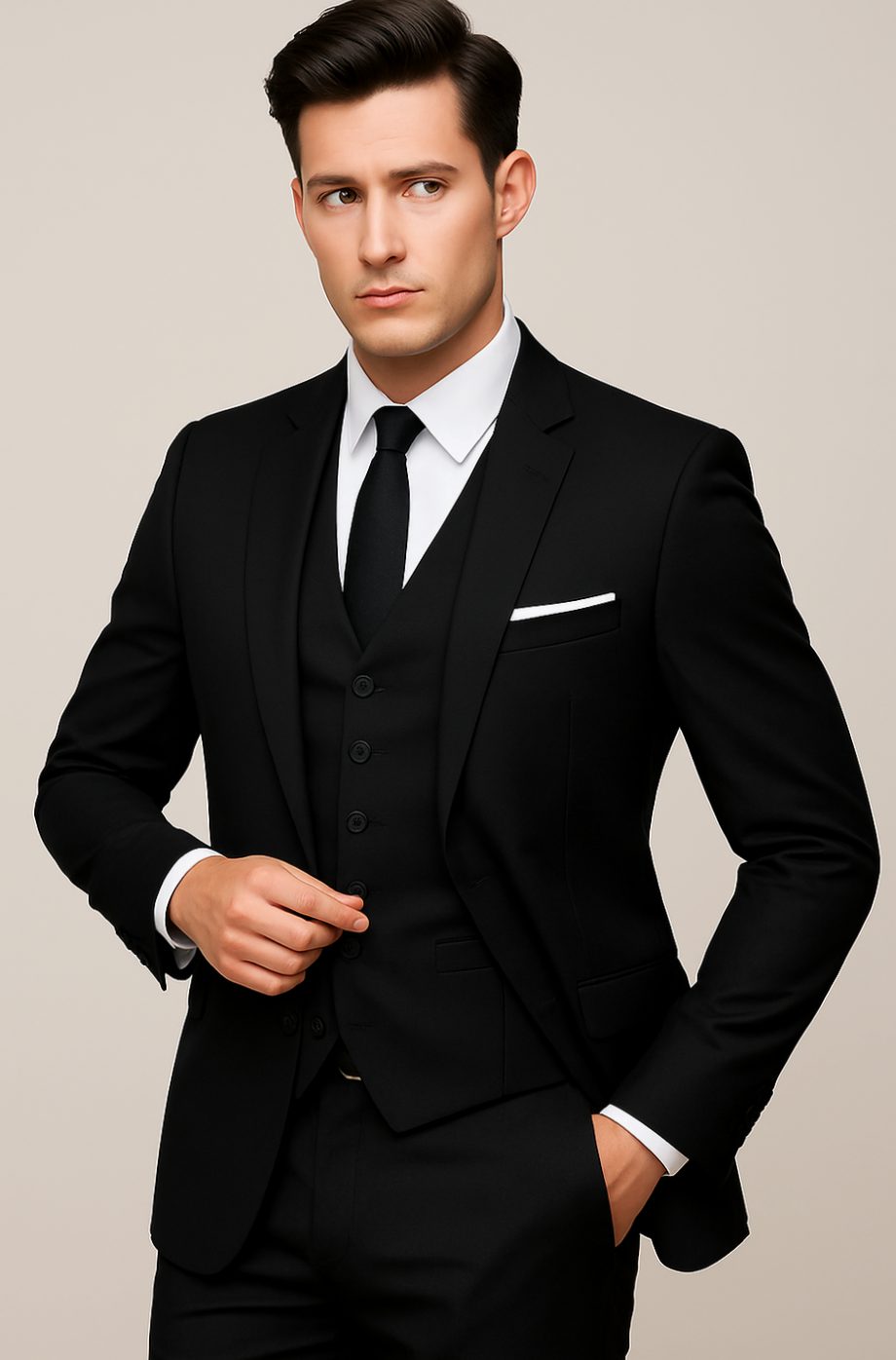 Heren Slim-Fit Driedelig Formeel Kostuum met Knopen - Zwart