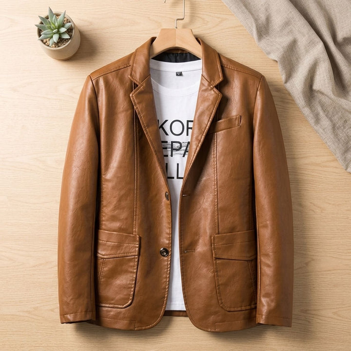 Heren Slim-Fit Faux Leather Blazer Biker Moto Jacket - Khaki