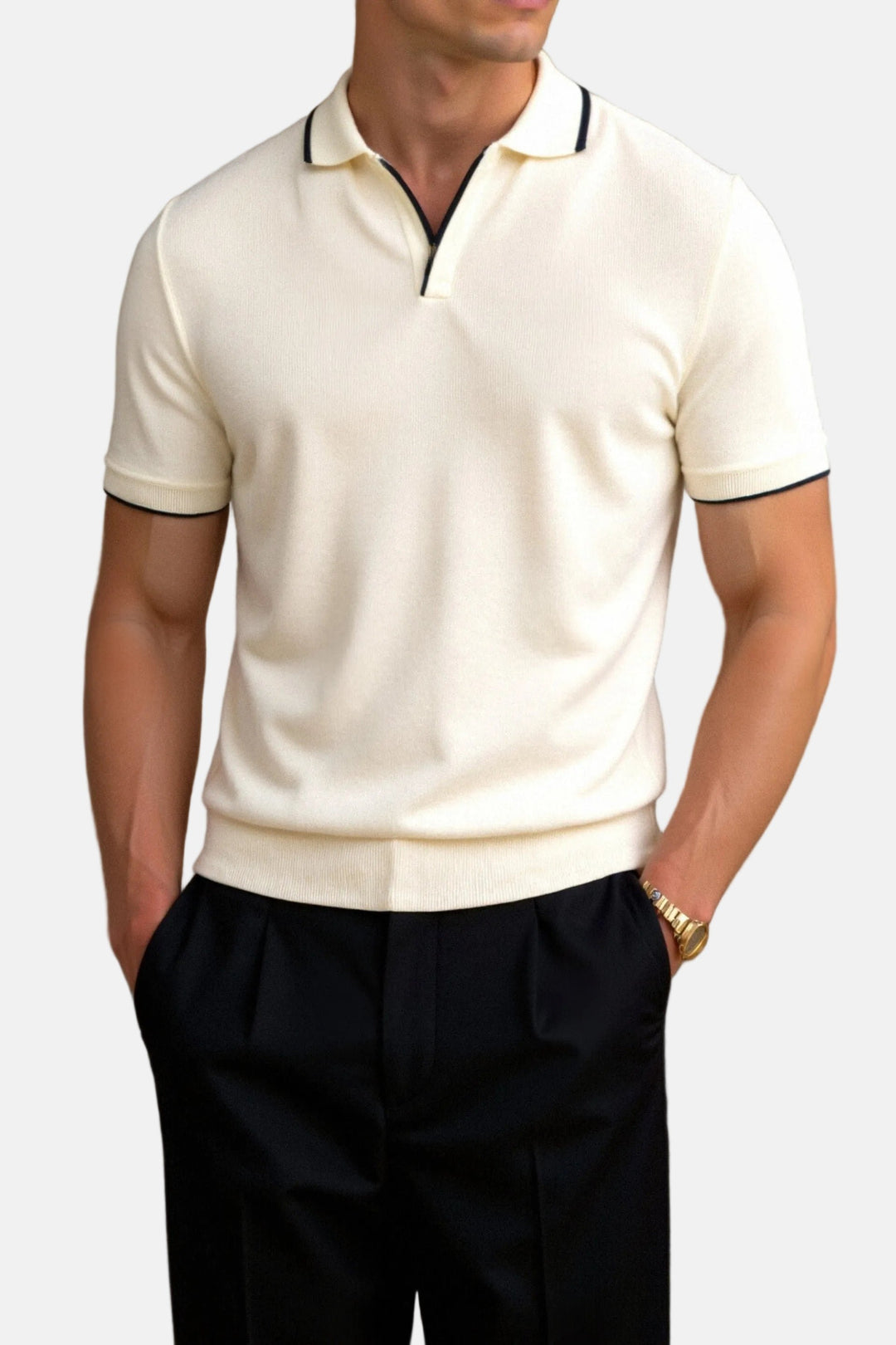 Heren Slim-Fit Gebreide Katoenen Poloshirt Open Kraag Korte Mouwen - Beige