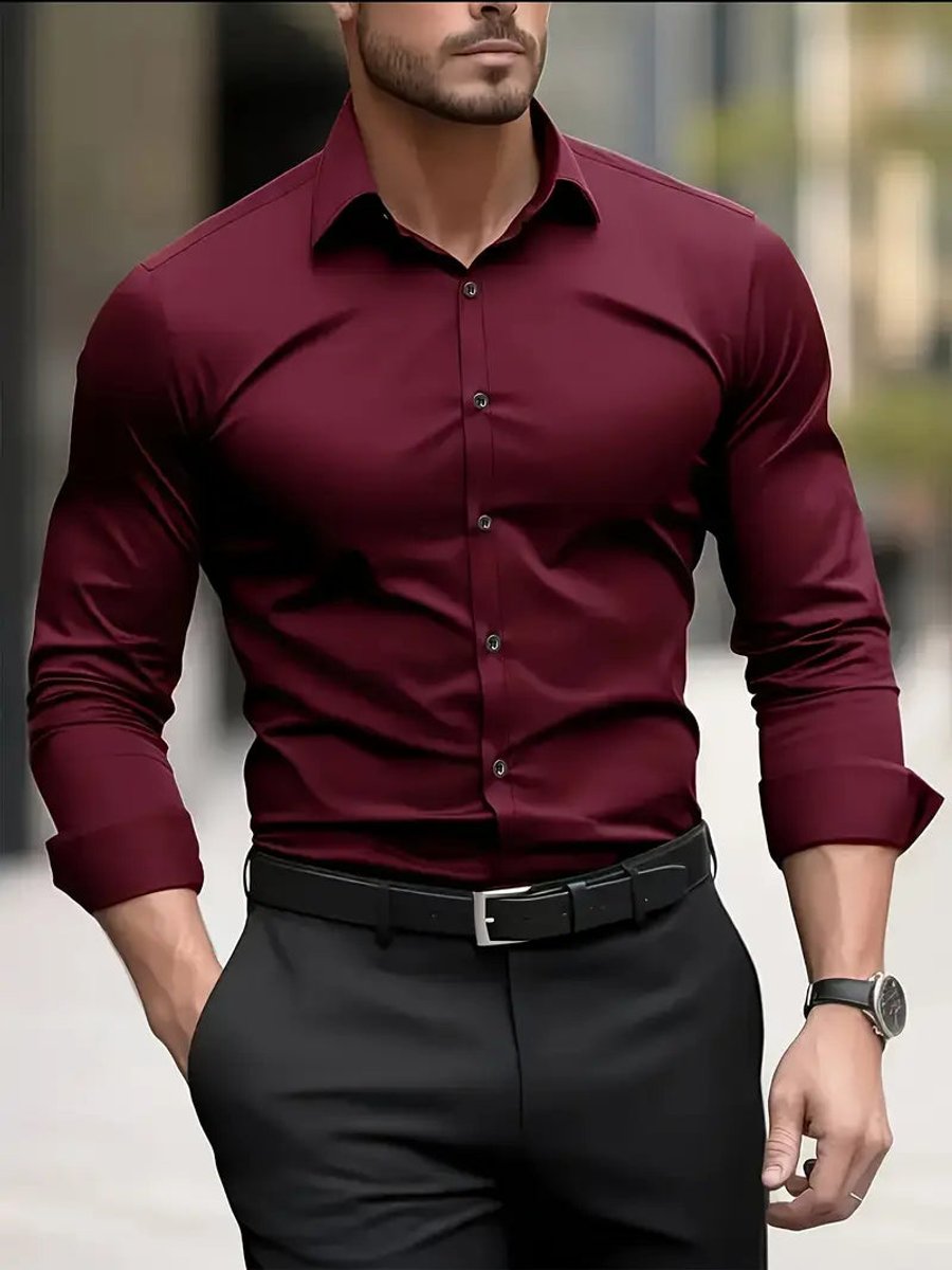 Heren Slim-Fit Kreukvrij Zakelijk Overhemd Lange Mouw - Bordeaux