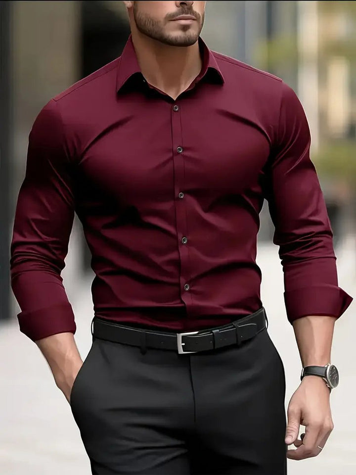 Heren Slim-Fit Kreukvrij Zakelijk Overhemd Lange Mouw - Bordeaux