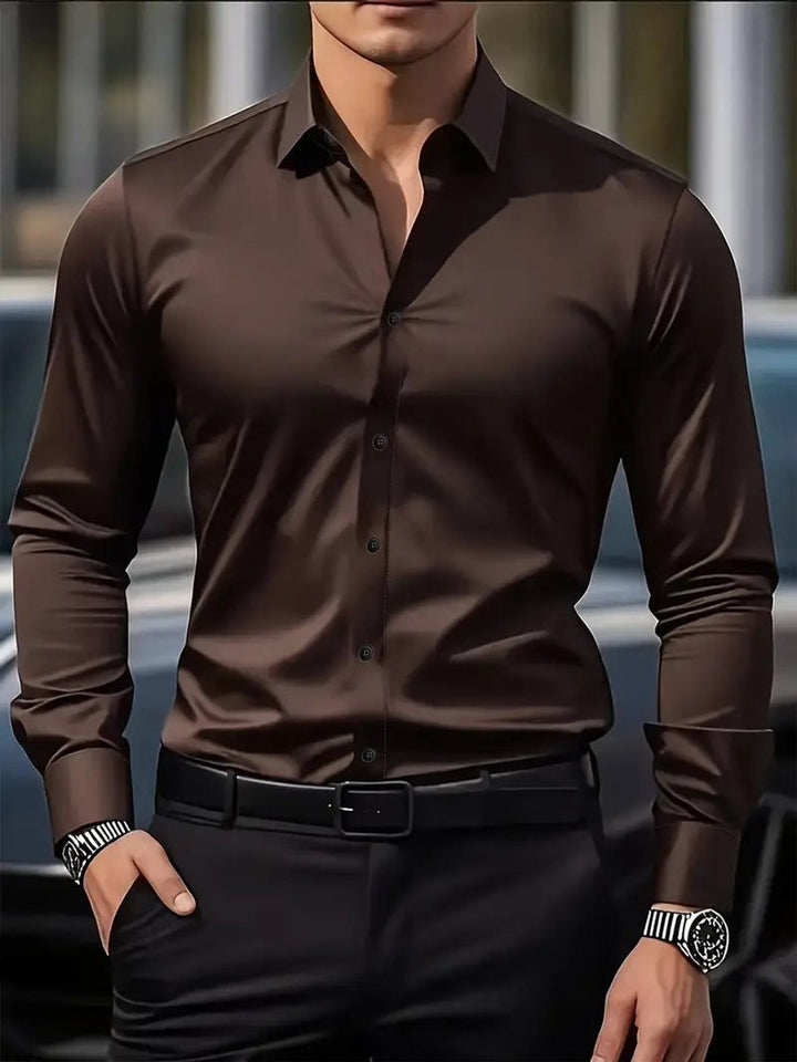 Heren Slim-Fit Kreukvrij Zakelijk Overhemd Lange Mouw - Koffiebruin