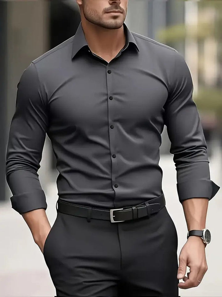 Heren Slim-Fit Kreukvrij Zakelijk Overhemd Lange Mouw - Donkergrijs