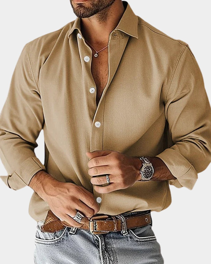 Heren Slim-Fit Langarm Overhemd met Klassieke Kraag - Khaki