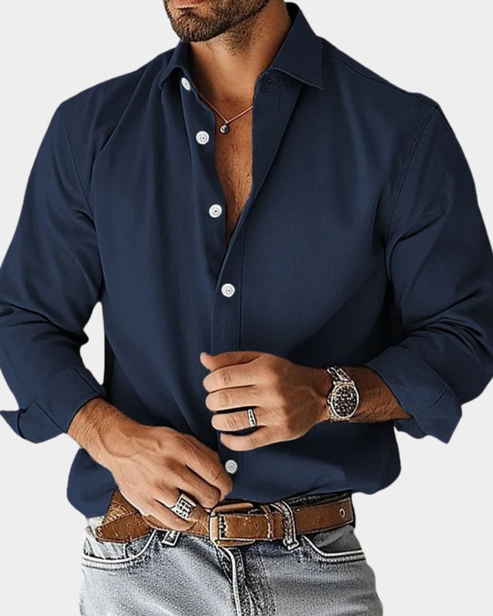 Heren Slim-Fit Langarm Overhemd met Klassieke Kraag - Marineblauw