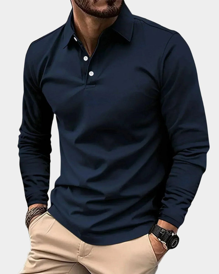 Heren Slim-Fit Langarmsig Poloshirt met Knoopsluiting - Blauw
