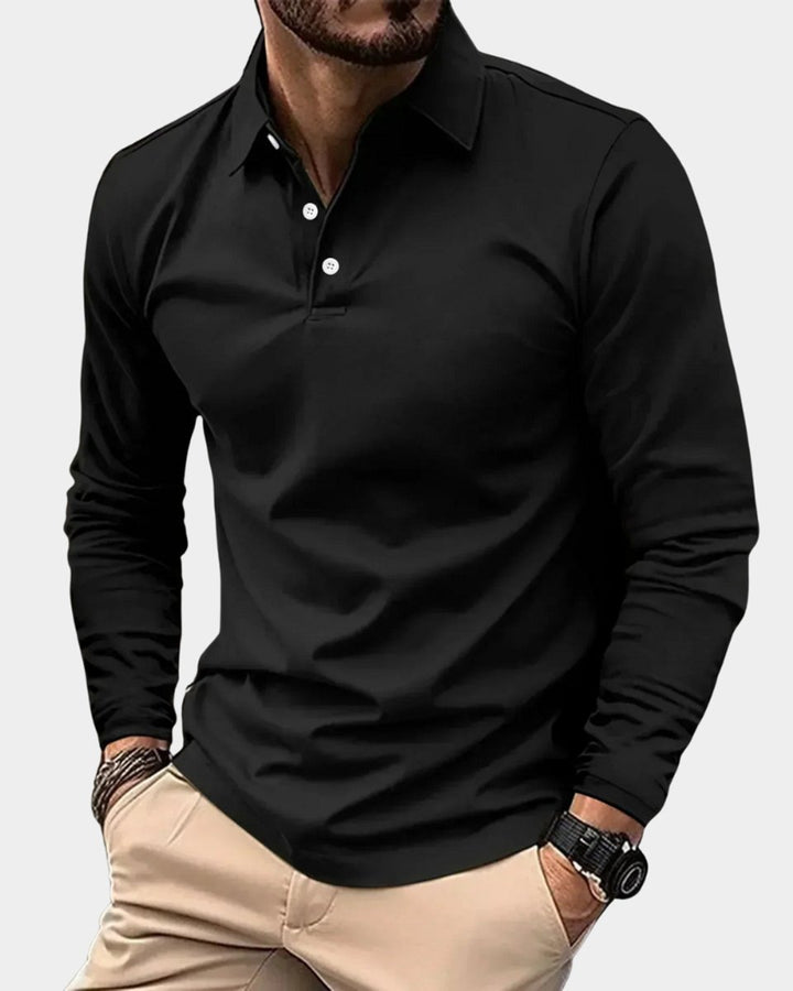 Heren Slim-Fit Langarmsig Poloshirt met Knoopsluiting - Zwart