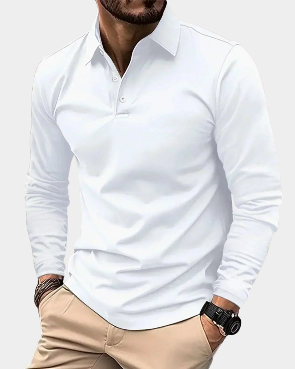 Heren Slim-Fit Langarmsig Poloshirt met Knoopsluiting - Wit