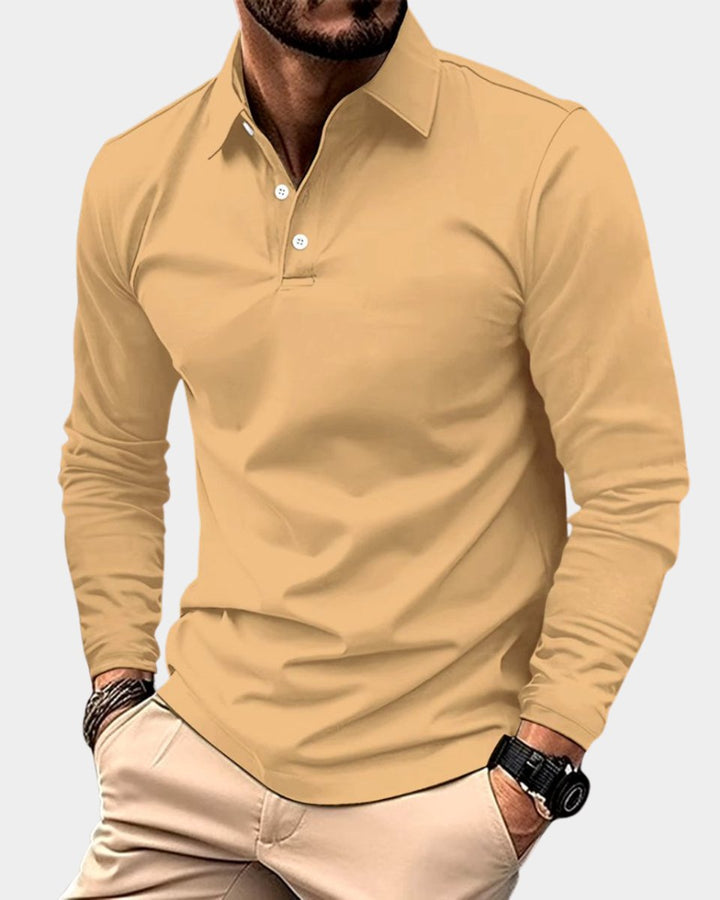Heren Slim-Fit Langarmsig Poloshirt met Knoopsluiting - Geel