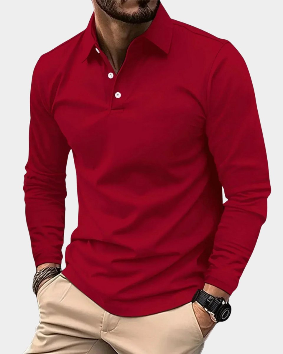 Heren Slim-Fit Langarmsig Poloshirt met Knoopsluiting - Rood