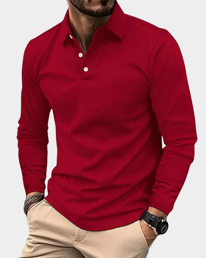 Heren Slim-Fit Langarmsig Poloshirt met Knoopsluiting - Rood