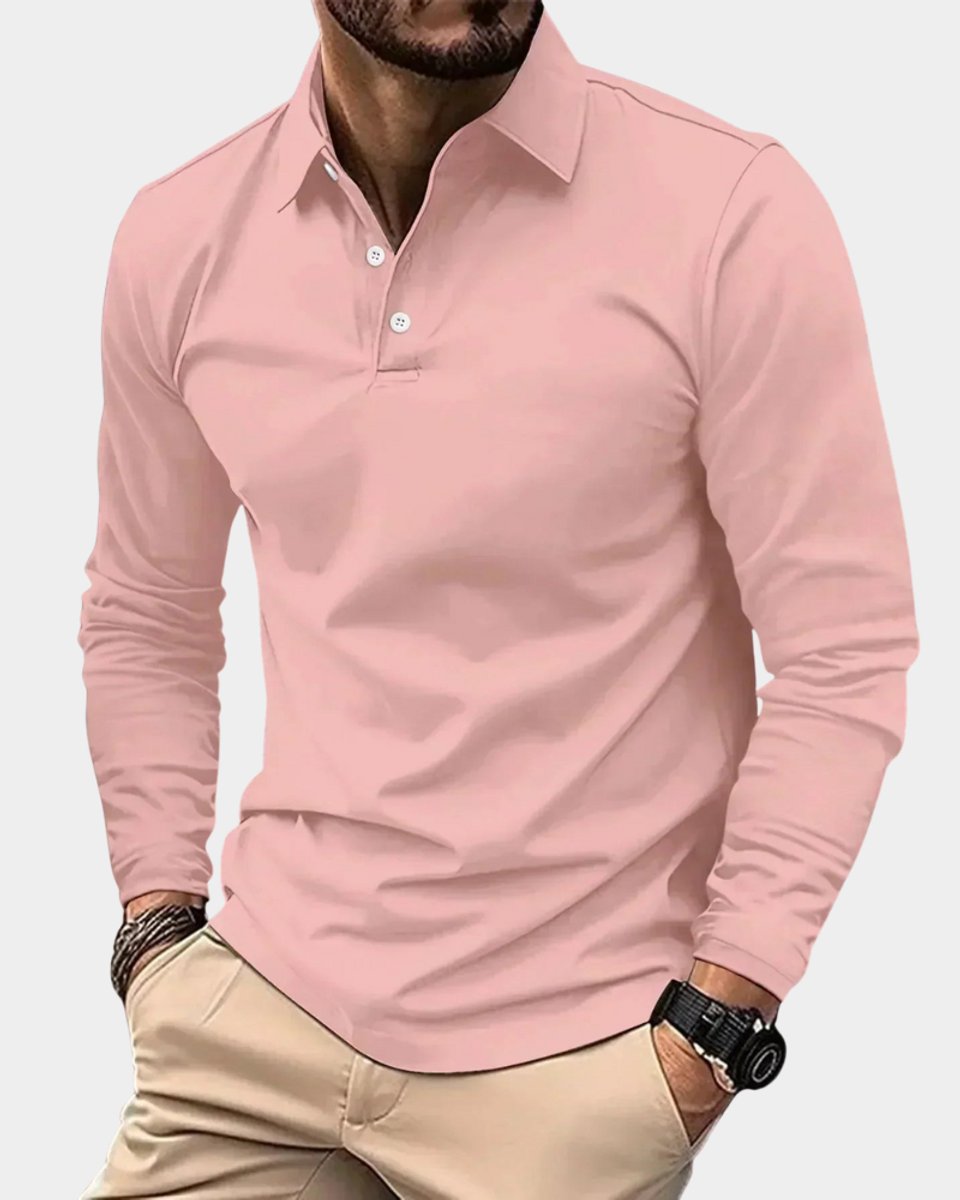 Heren Slim-Fit Langarmsig Poloshirt met Knoopsluiting - Roze