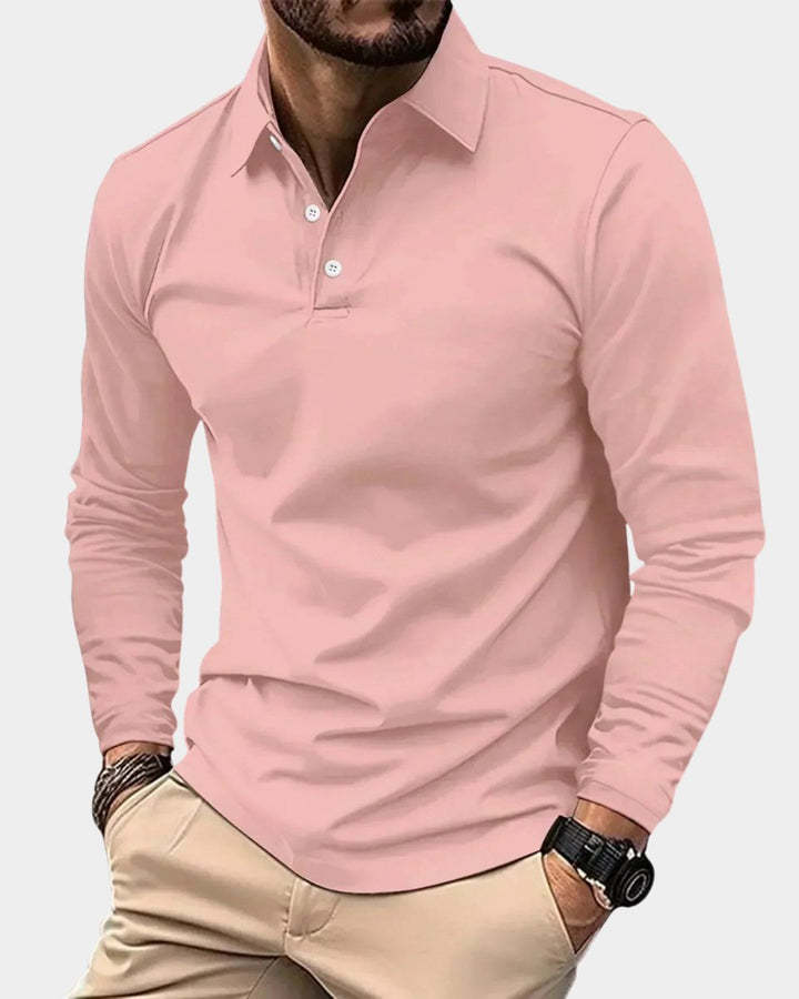 Heren Slim-Fit Langarmsig Poloshirt met Knoopsluiting - Roze