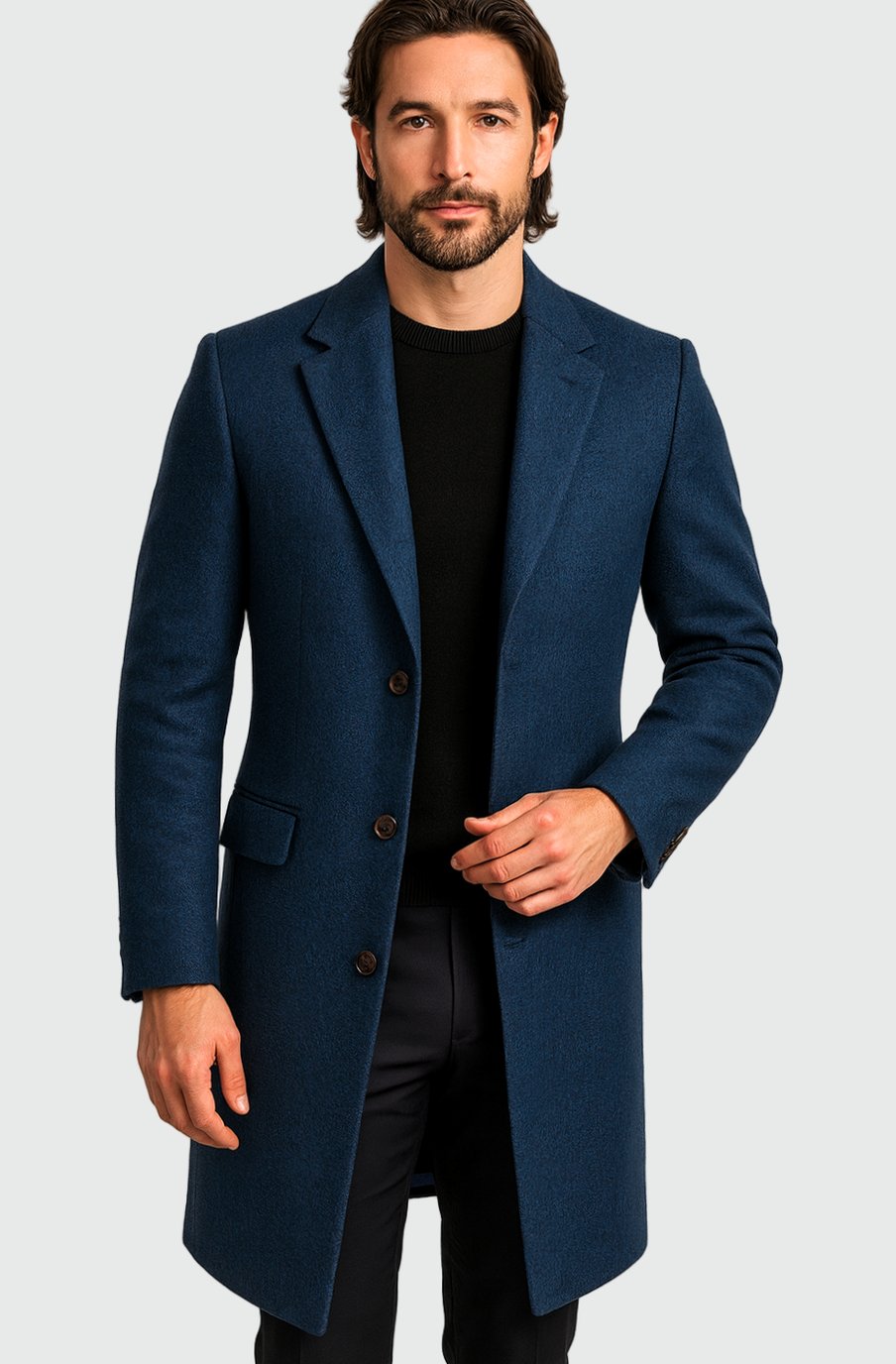 Heren Slim-Fit Lange Wollen Manteljas met Knoopsluiting