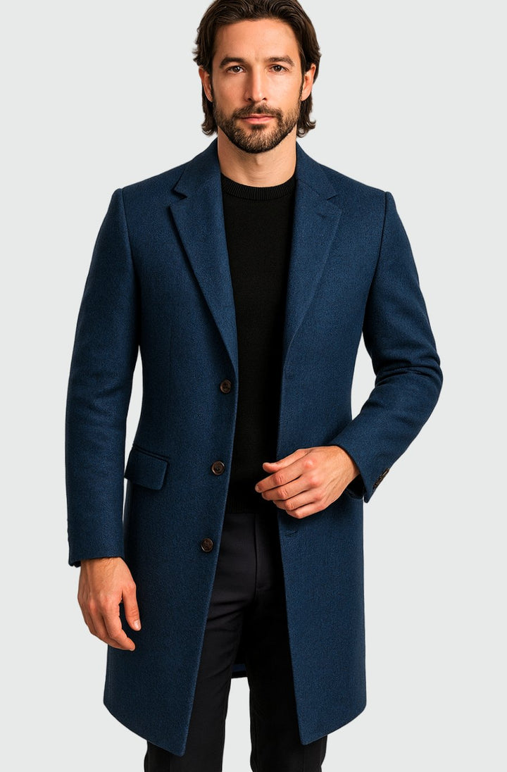 Heren Slim-Fit Lange Wollen Manteljas met Knoopsluiting