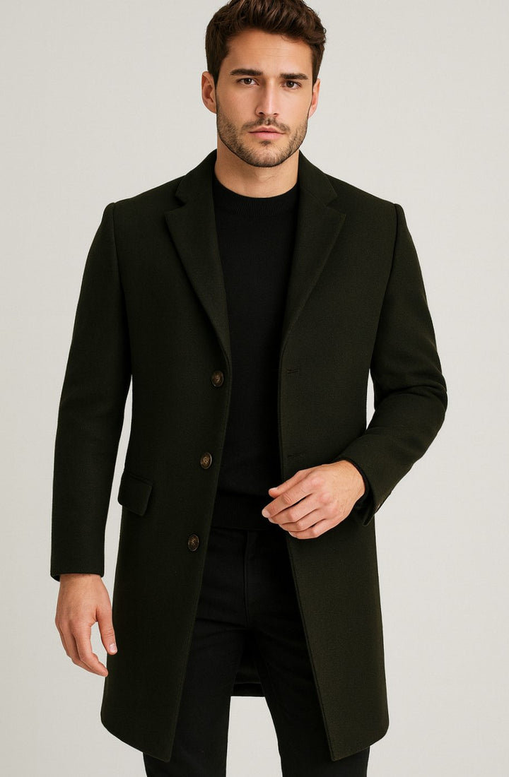 Heren Slim-Fit Lange Wollen Manteljas met Knoopsluiting