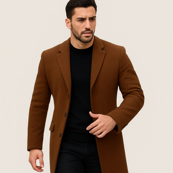 Heren Slim-Fit Lange Wollen Manteljas met Knoopsluiting