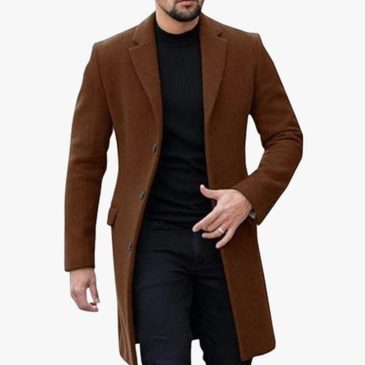 Heren Slim-Fit Lange Wollen Manteljas met Knoopsluiting - Bruin