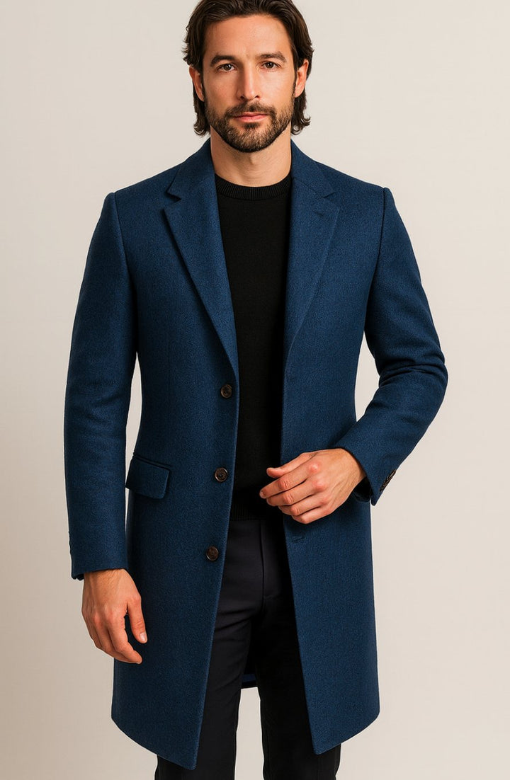 Heren Slim-Fit Lange Wollen Manteljas met Knoopsluiting - Blauw