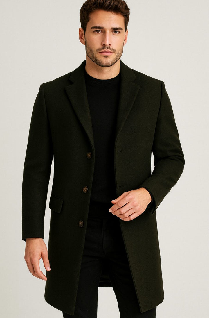 Heren Slim-Fit Lange Wollen Manteljas met Knoopsluiting - Zwart