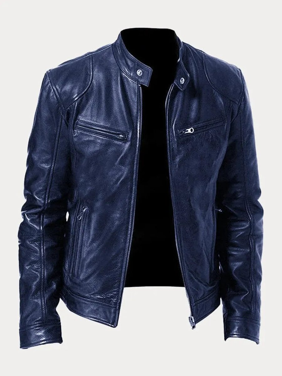 Heren Slim-Fit Leren Biker Jacket met Ritssluitingen - Donkerblauw