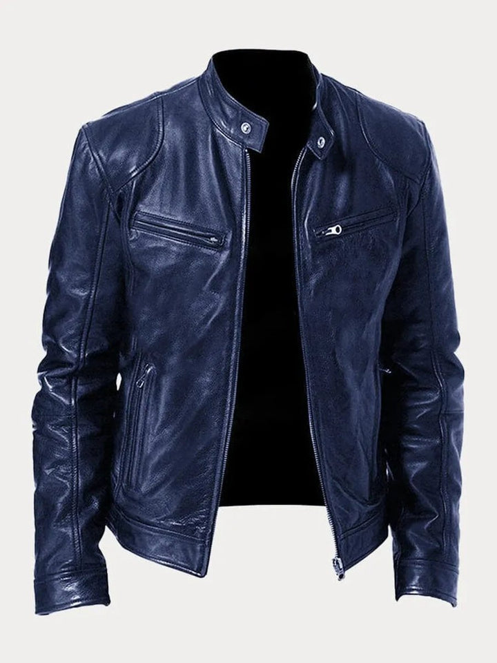 Heren Slim-Fit Leren Biker Jacket met Ritssluitingen - Donkerblauw
