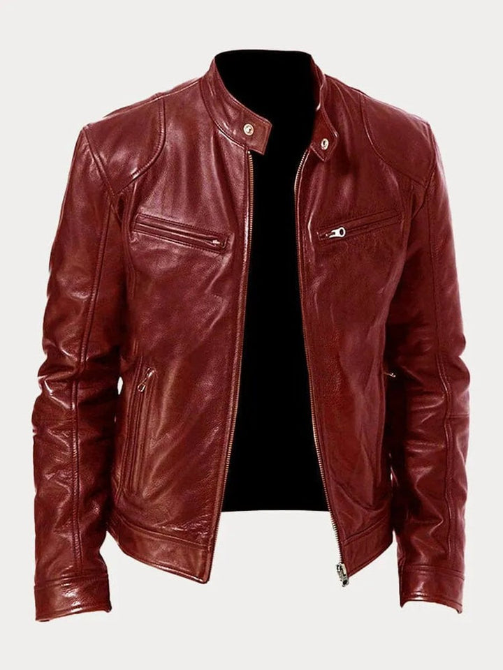 Heren Slim-Fit Leren Biker Jacket met Ritssluitingen - Bordeaux
