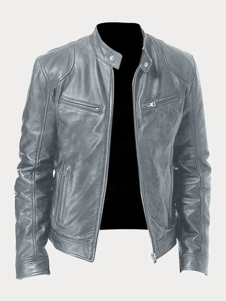 Heren Slim-Fit Leren Biker Jacket met Ritssluitingen - Grijs