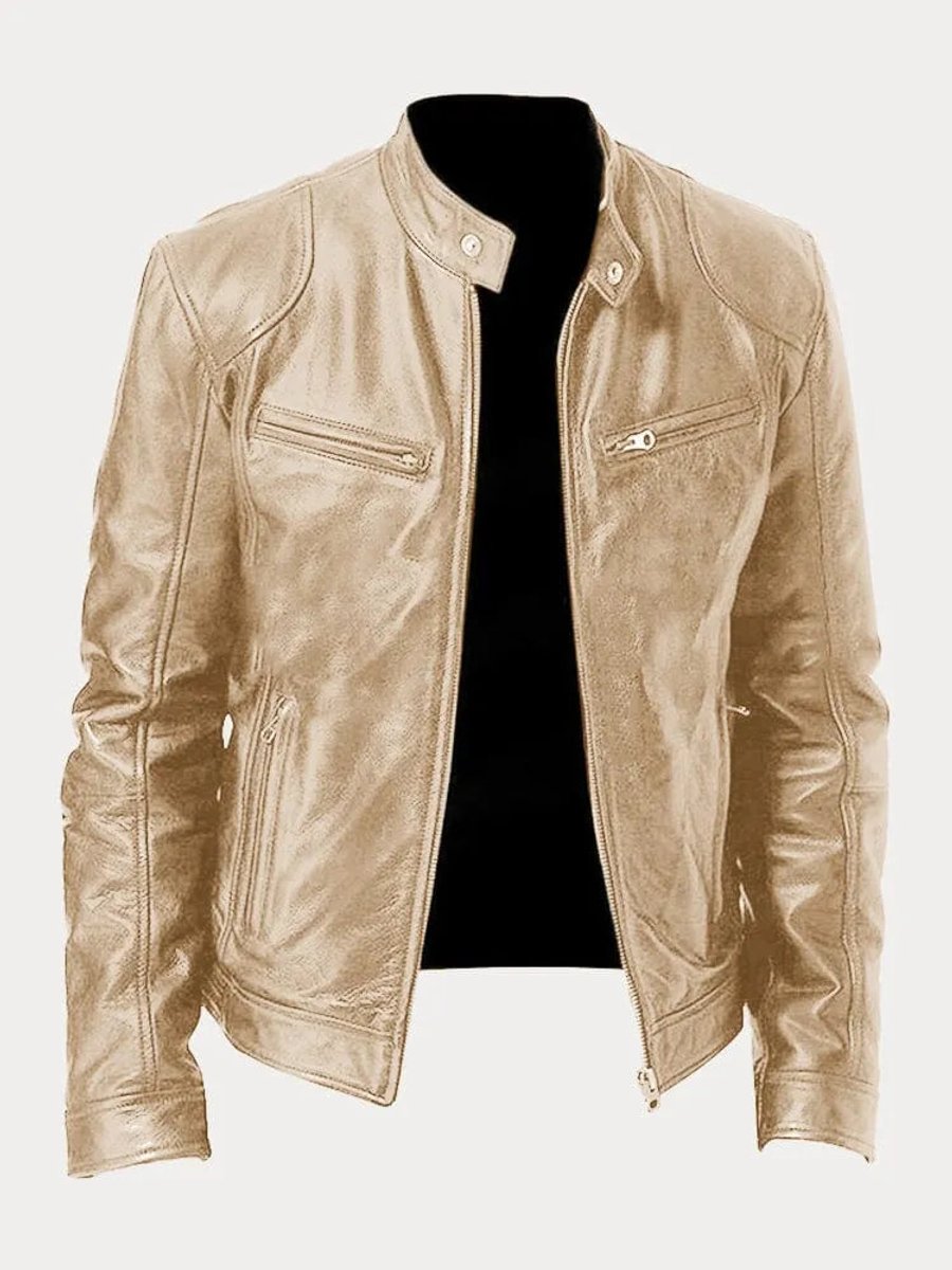 Heren Slim-Fit Leren Biker Jacket met Ritssluitingen - Goud