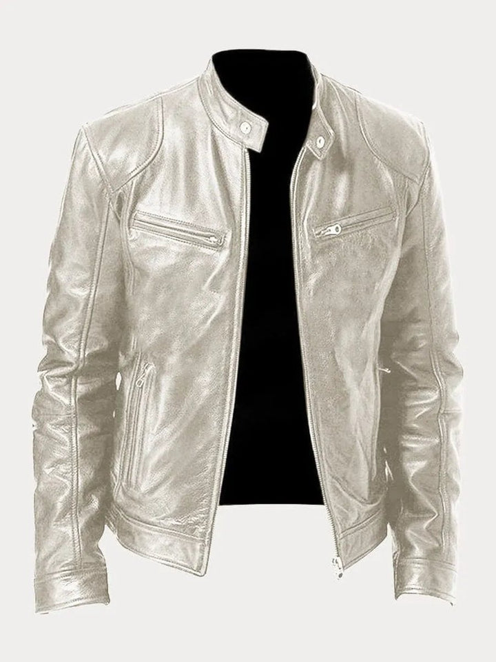 Heren Slim-Fit Leren Biker Jacket met Ritssluitingen - Zilver