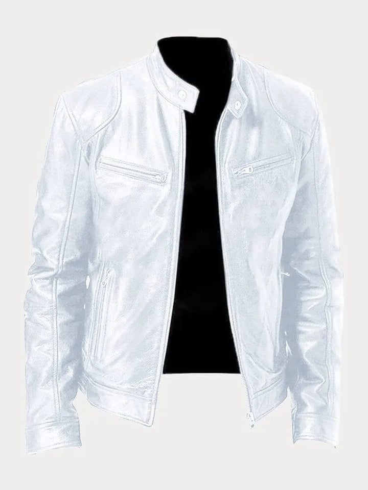 Heren Slim-Fit Leren Biker Jacket met Ritssluitingen - Wit