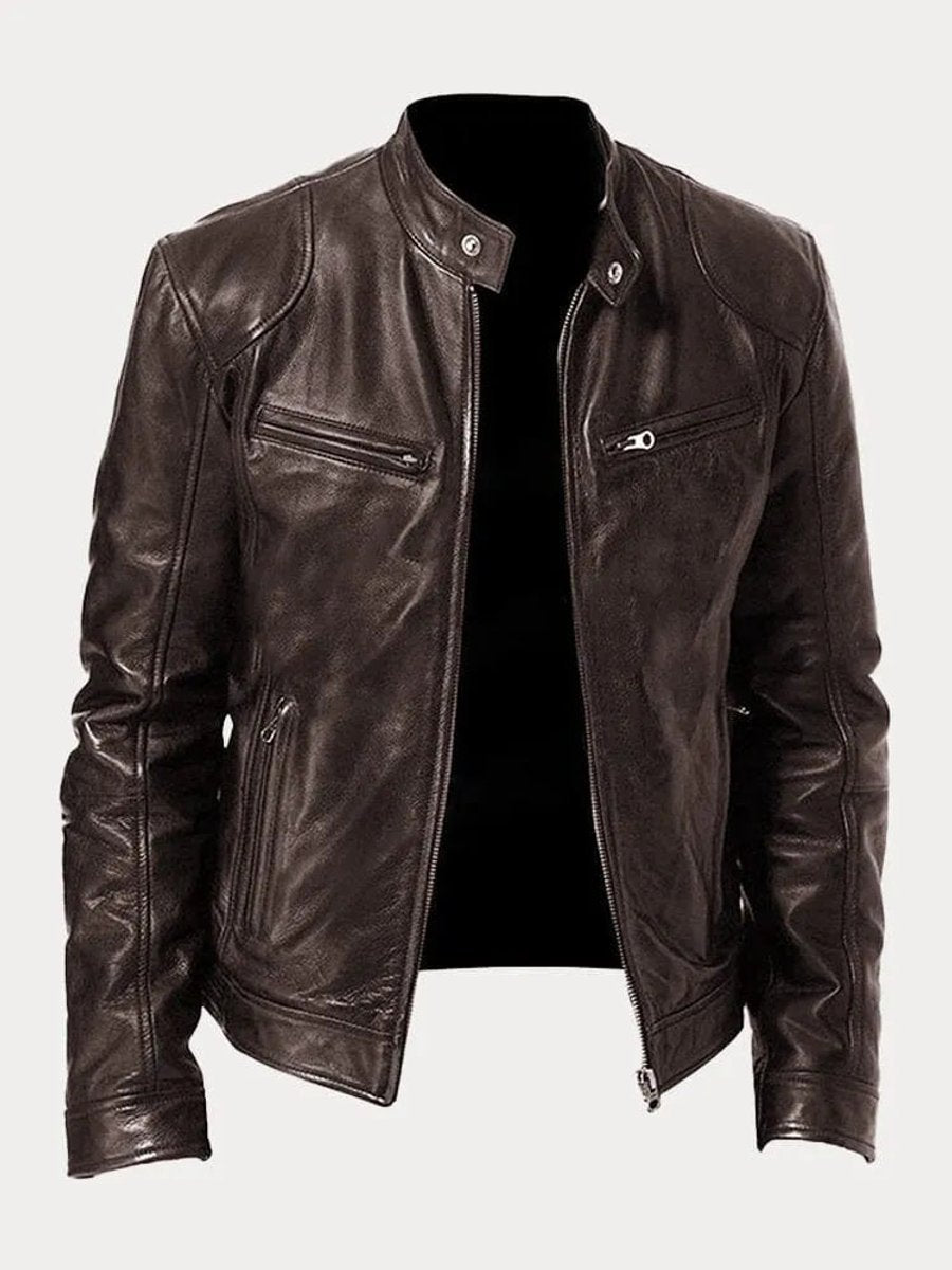 Heren Slim-Fit Leren Biker Jacket met Ritssluitingen - Bruin