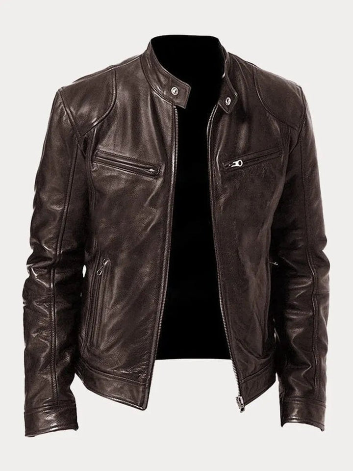 Heren Slim-Fit Leren Biker Jacket met Ritssluitingen - Bruin