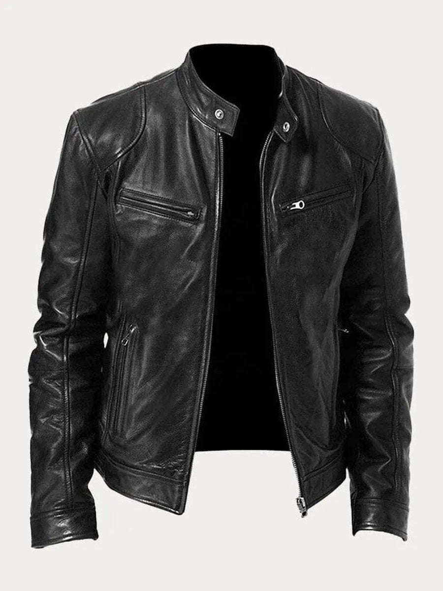 Heren Slim-Fit Leren Biker Jacket met Ritssluitingen - Zwart