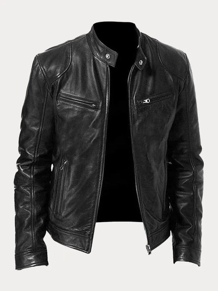 Heren Slim-Fit Leren Biker Jacket met Ritssluitingen - Zwart