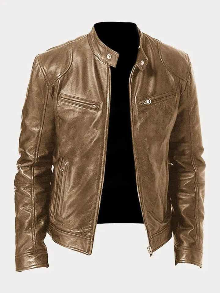 Heren Slim-Fit Leren Biker Jacket met Ritssluitingen - Khaki