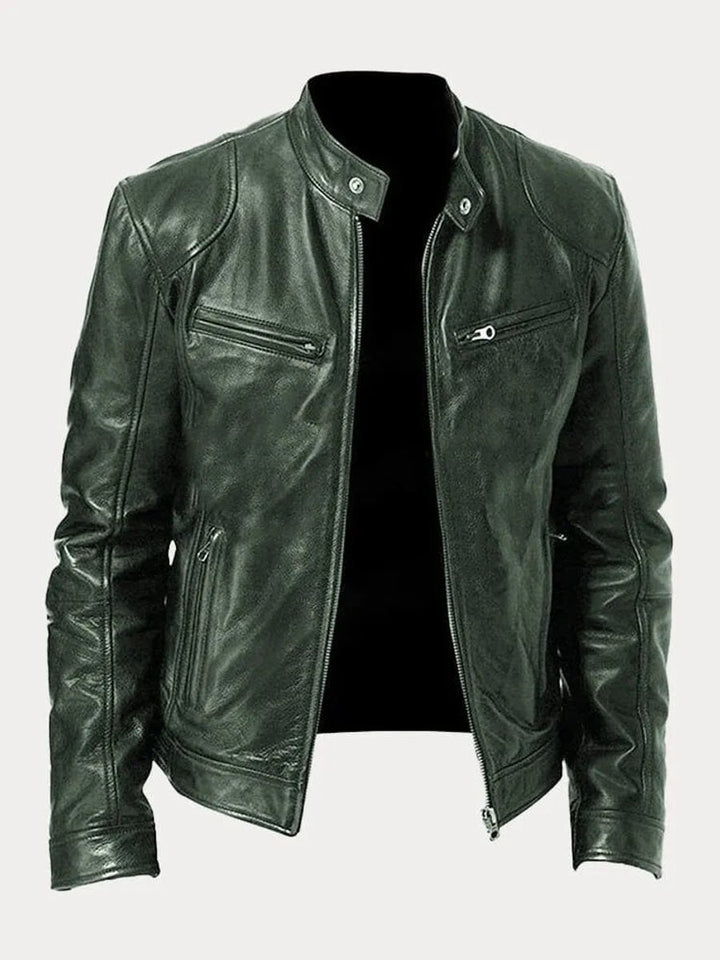 Heren Slim-Fit Leren Biker Jacket met Ritssluitingen - Legergroen