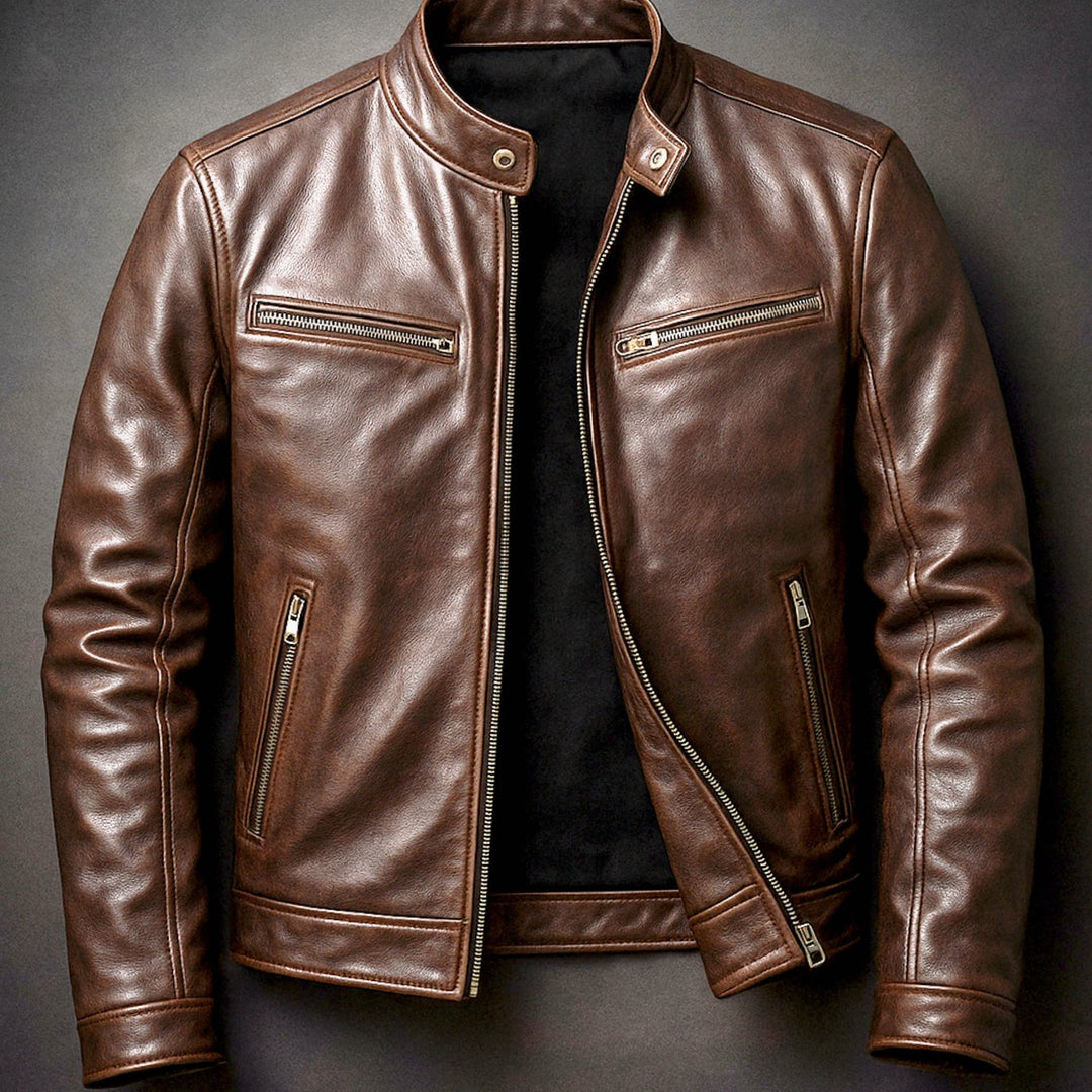 Heren Slim-Fit Leren Bikerjack met Rits - Cigar Bruin