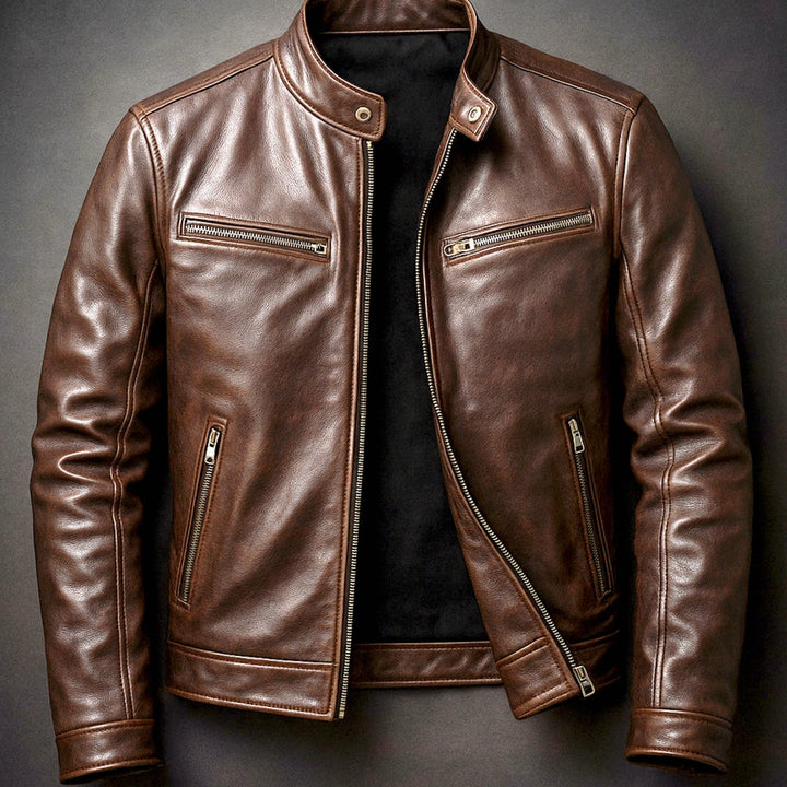 Heren Slim-Fit Leren Bikerjack met Rits - Cigar Bruin