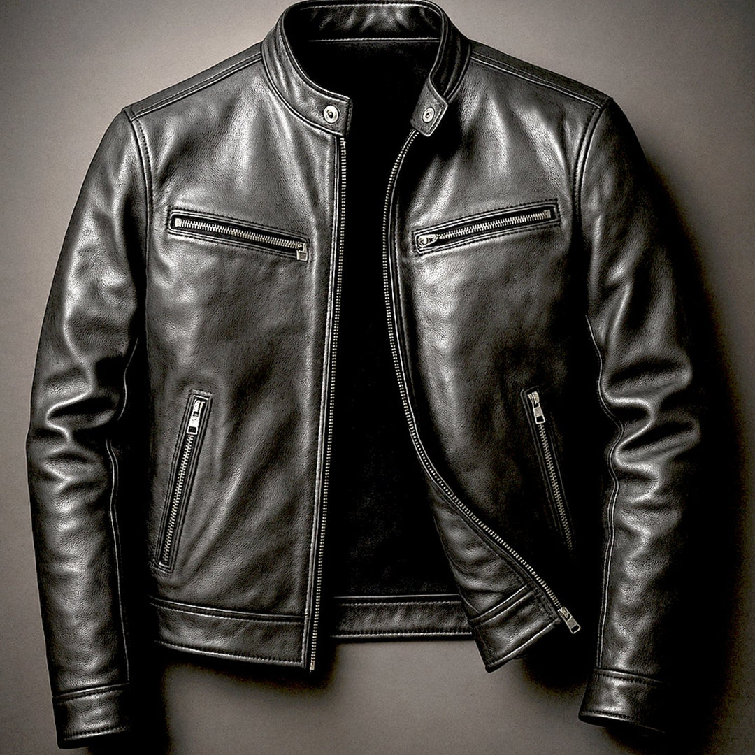 Heren Slim-Fit Leren Bikerjack met Rits - Biker Zwart